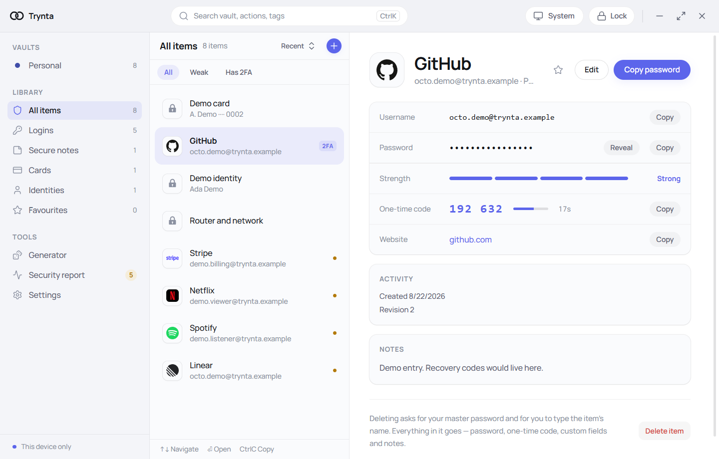 Trynta on Windows 11: a vault list on the left with bundled brand marks, and a selected GitHub login on the right showing the username, a masked password, a strength meter and a one-time code counting down.